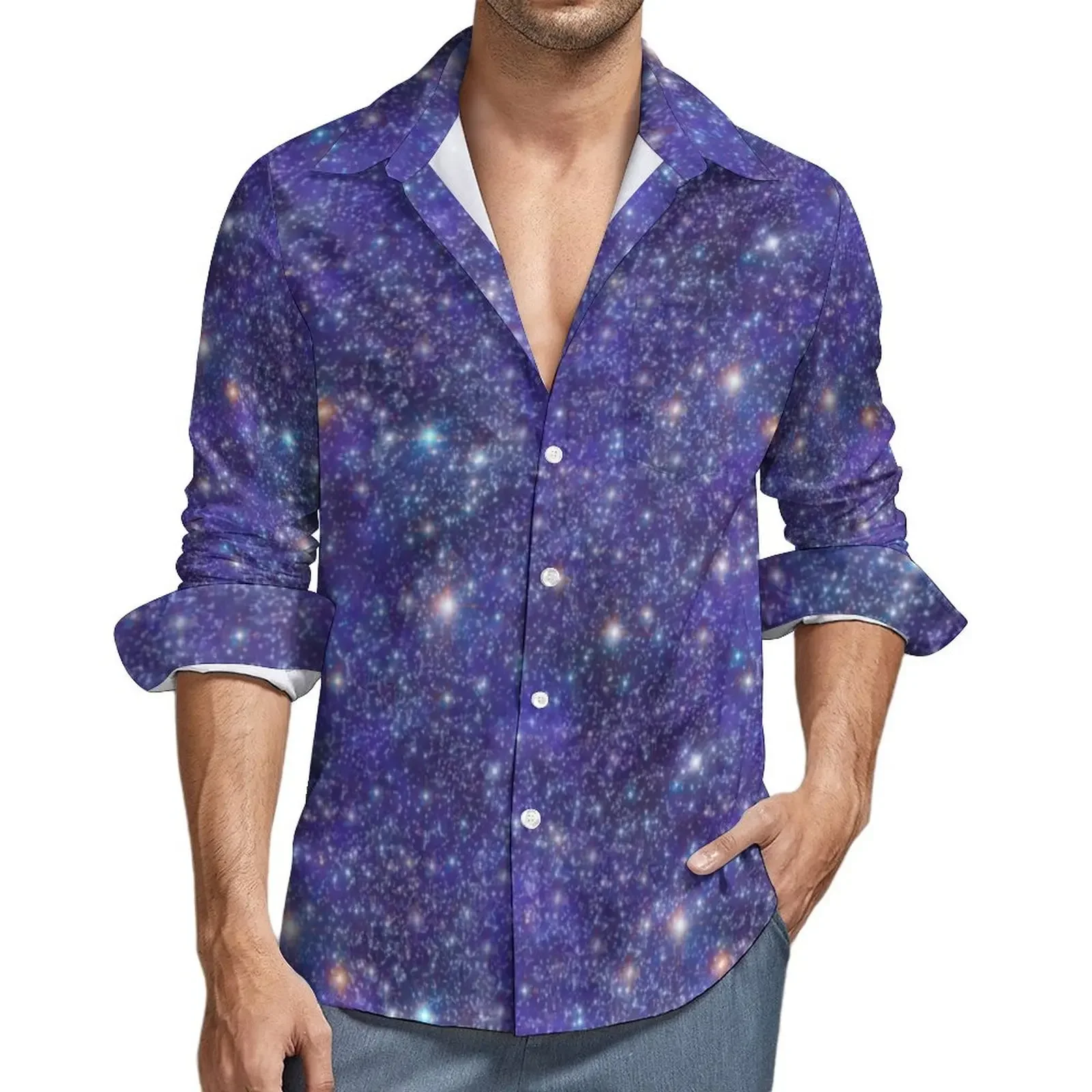 Chemisier à manches longues imprimé nuit étoilée pour hommes, chemises décontractées bleues Galaxy, design élégant, vêtements de mode, grande taille, automne