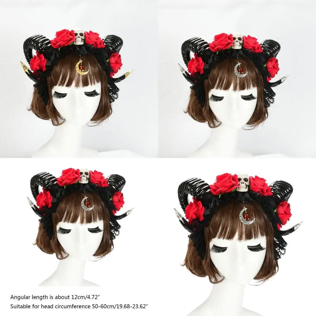 

R1WE Ox Horn Hair Hoop Flower Skull Headband Photo Props Halloween Party Headwear