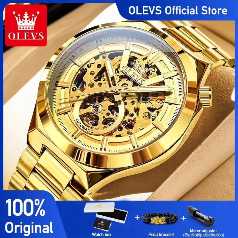 OLEVS 6722 Mens Watch Luxury Skeleton Automatic Mechanical Watch Stainless Steel Waterproof Watch Box﻿ Gift Original Reloj