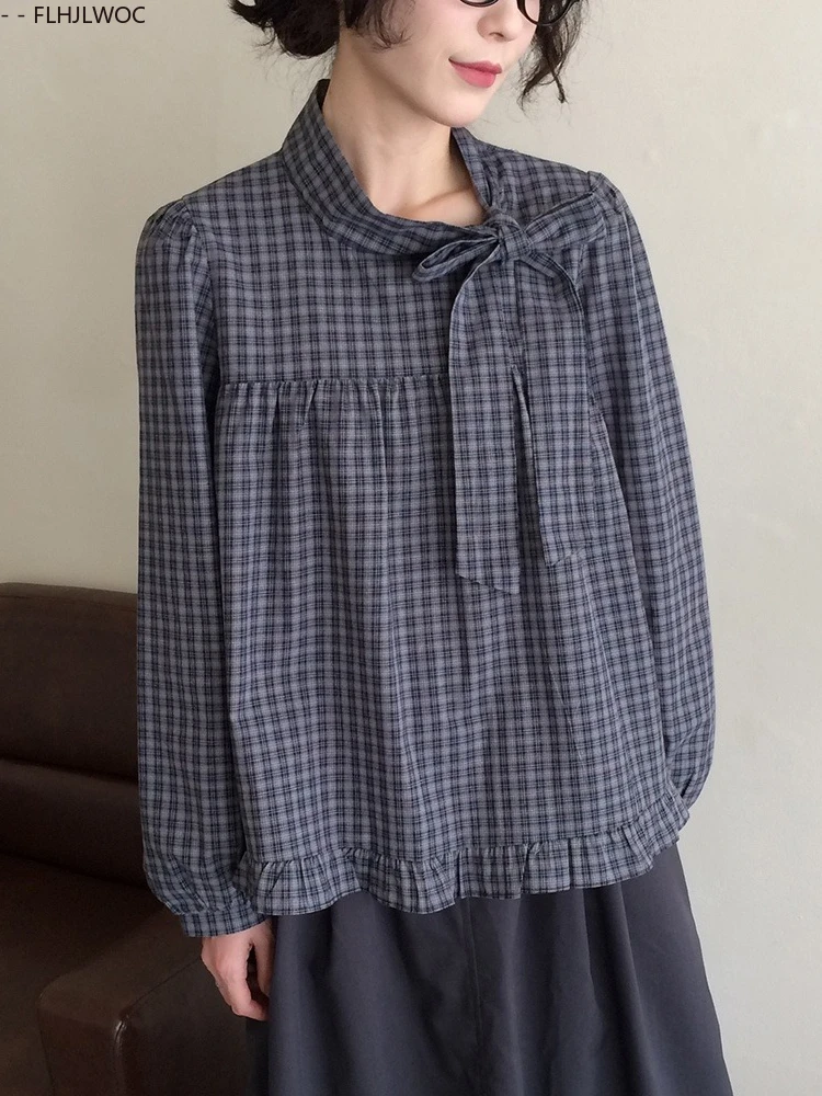Короткие хлопковые топы, блузки, милые японские девушки, весна 2026, повседневные рубашки в клетку с длинными рукавами в стиле ретро, винтажный топ с галстуком-бабочкой