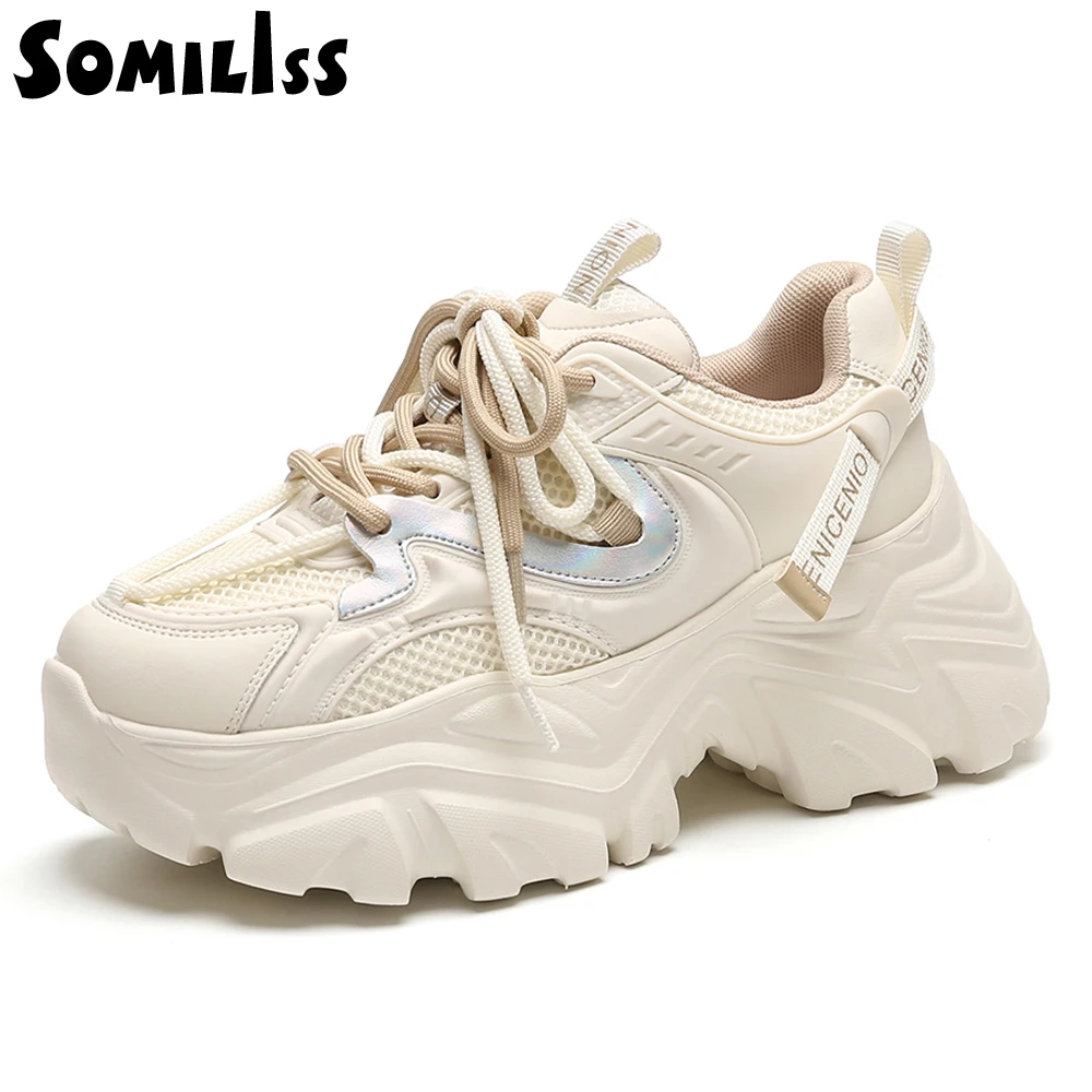 SOMILISS Womens Chunky Platform Sneakers Leather KPU Patchwork High Quality Ladies Autumn Fashion Casual Sneaker Shoes