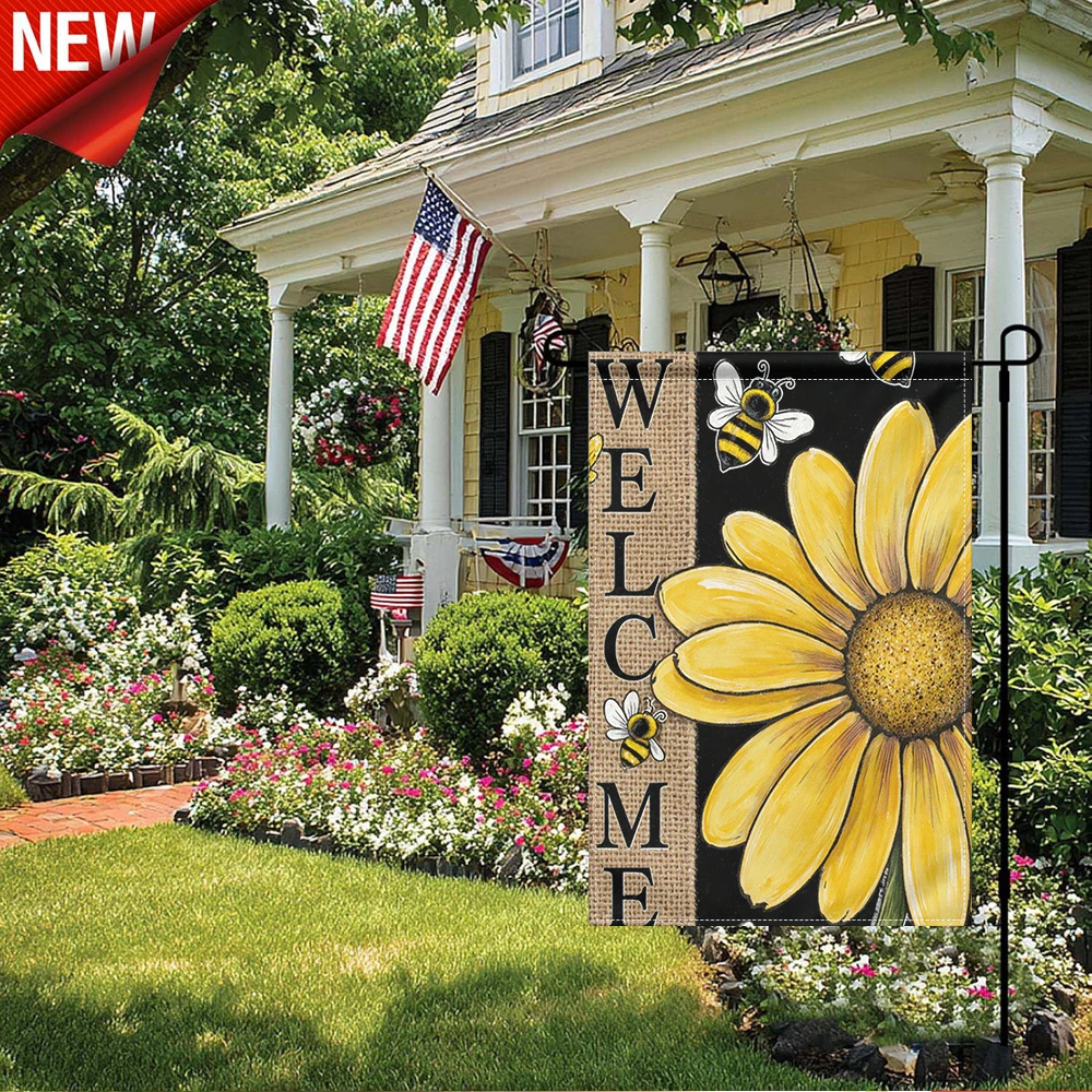 

1PC, Welcome Daisy Bee Print Garden Flag Rustic Burlap Outdoor Decorative Yard Flag for Patio Lawn Farmhouse