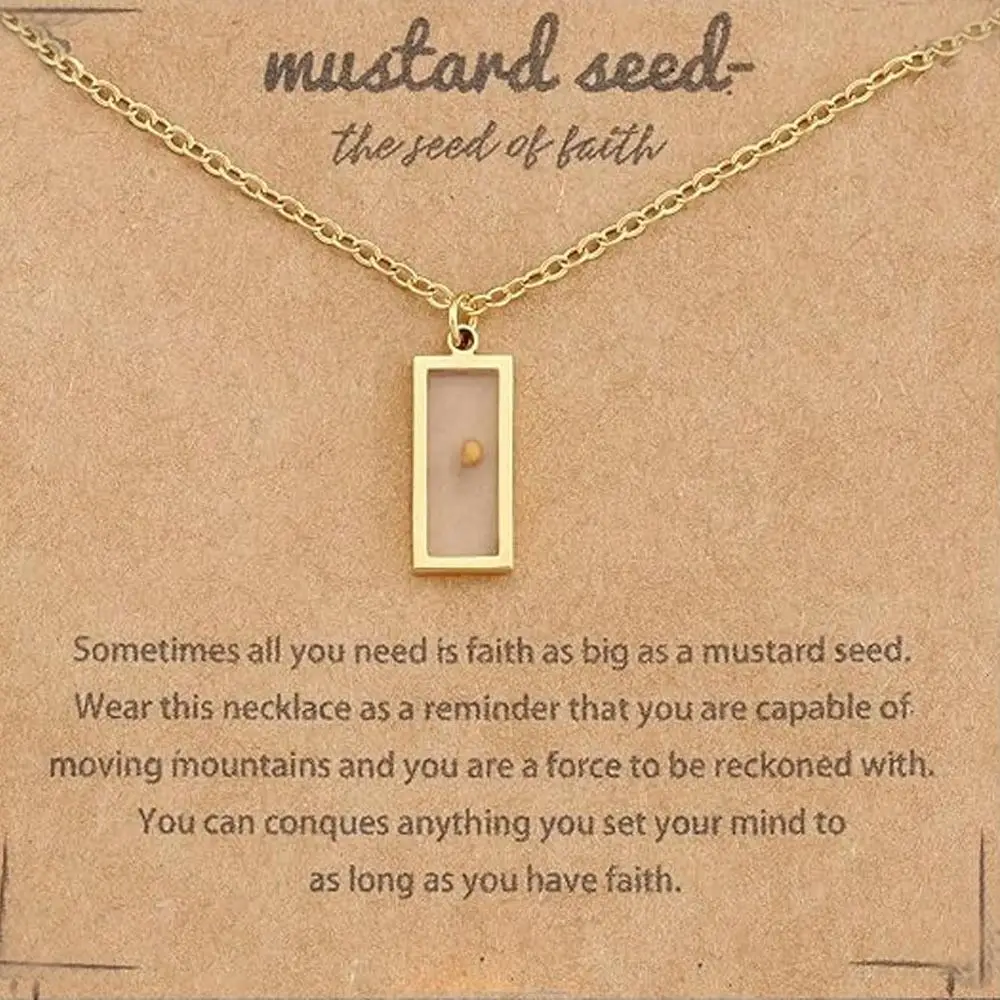 New Christian Gift Mustard Seed Necklace Gold Color Stainless Steel Necklace the Seed of Faith Rectangular Shape Chain Necklace