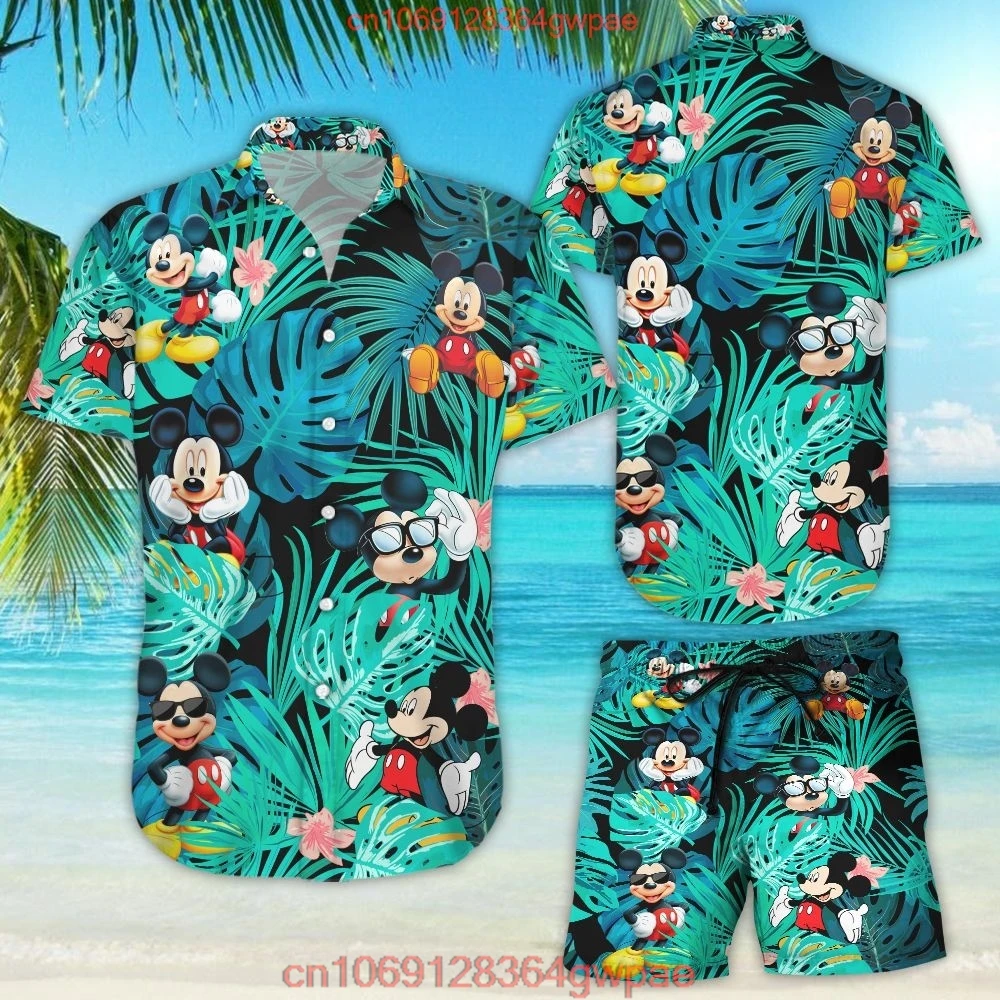 Mickey Hawaiian Shirt Shorts Set Men\'s Women\'s Summer Casual Beach Vacation Shirt Set Disney Beach Shorts Vintage Button Shirt