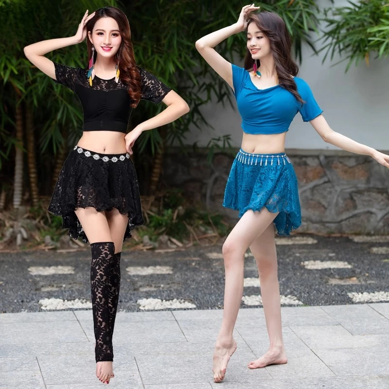 Personalizado novo conjunto de trajes de dança do ventre para iniciantes rendas vestido de prática feminina saia sexy roupas indianas saia superior cinto meias