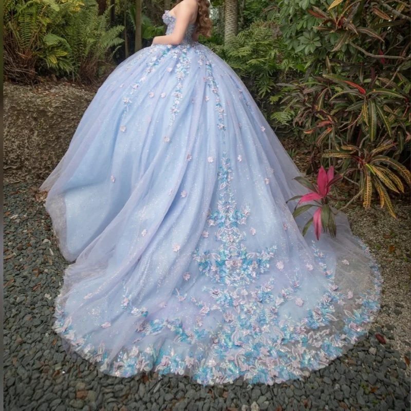 فستان Quinceanera مخصص باللون الرمادي والأزرق بدون أكتاف مزين بالترتر والدانتيل وزهرة كريستال تول فيستدوس دي 15 Quinceanera