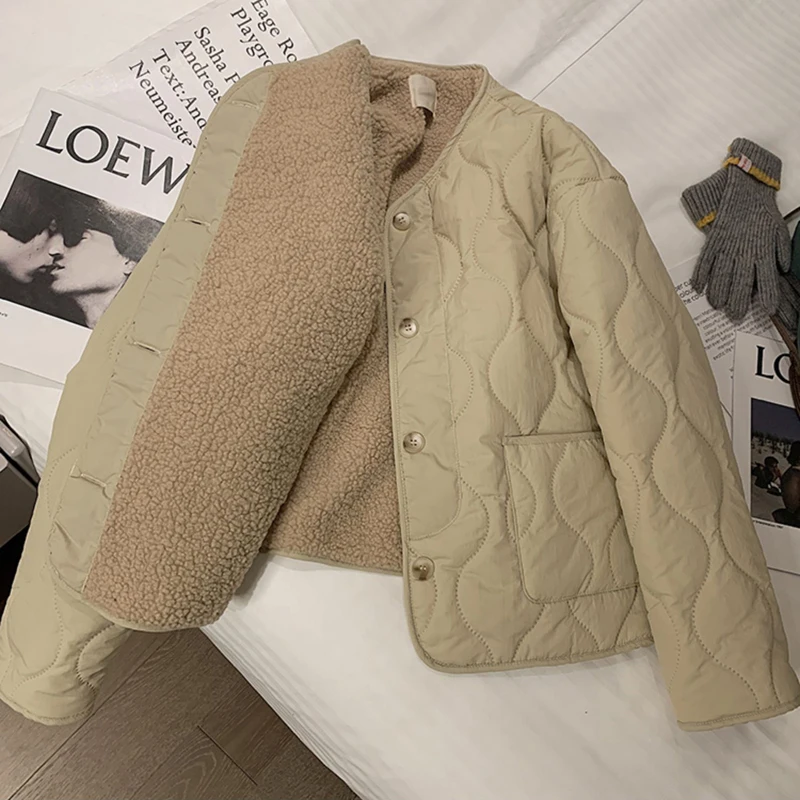 Winter Women Keep Warm Lamb Wool Coat Korean Thickened O-Neck Plus Velvet Parkas Ladies Casual Loose Cotton Padded Puffer Jacket