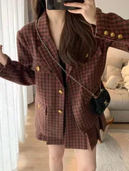 UNXX jesień/zima College przycięta marynarka w kratę plisowana Mini spódniczka zestaw Vintage Plaid Tweed marynarka płaszcze spódnica dwuczęściowe zestawy damskie