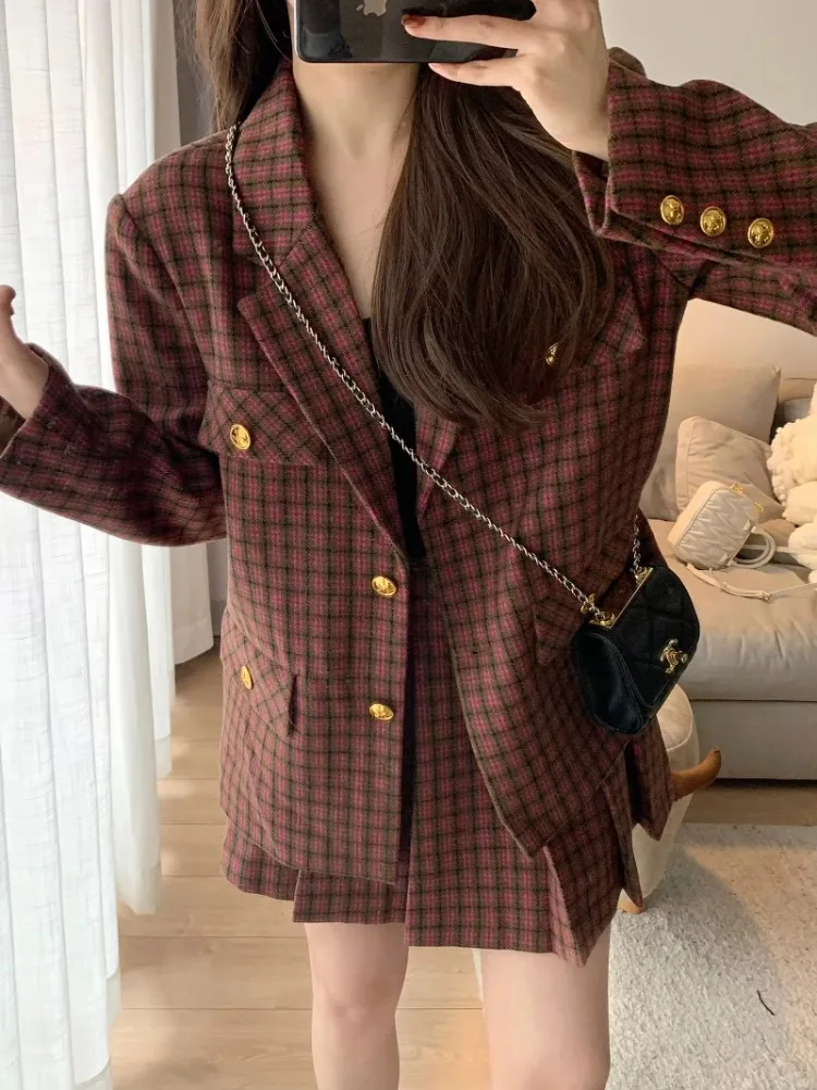 UNXX Fall/Winter College Cropped Plaid Blazer Pleated Mini Skirt Set Vintage Plaid Tweed Blazer Coats Skirt Two-Piece Sets Women