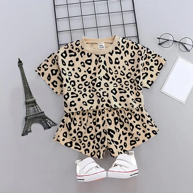 Summer Baby Girl Clothes Kid's Leopard Print T-shirt & Shorts 2 Pieces Set Toddler Girl Outfits Infant Fashion Outdoor Wear