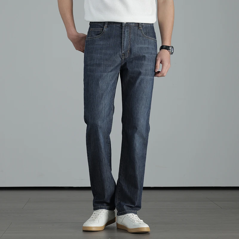 

2026 Spring Summer Thin Men's Jeans Contains Linen Fiber Breathable Comfort High-waist Straight Denim Pants Business Trousers