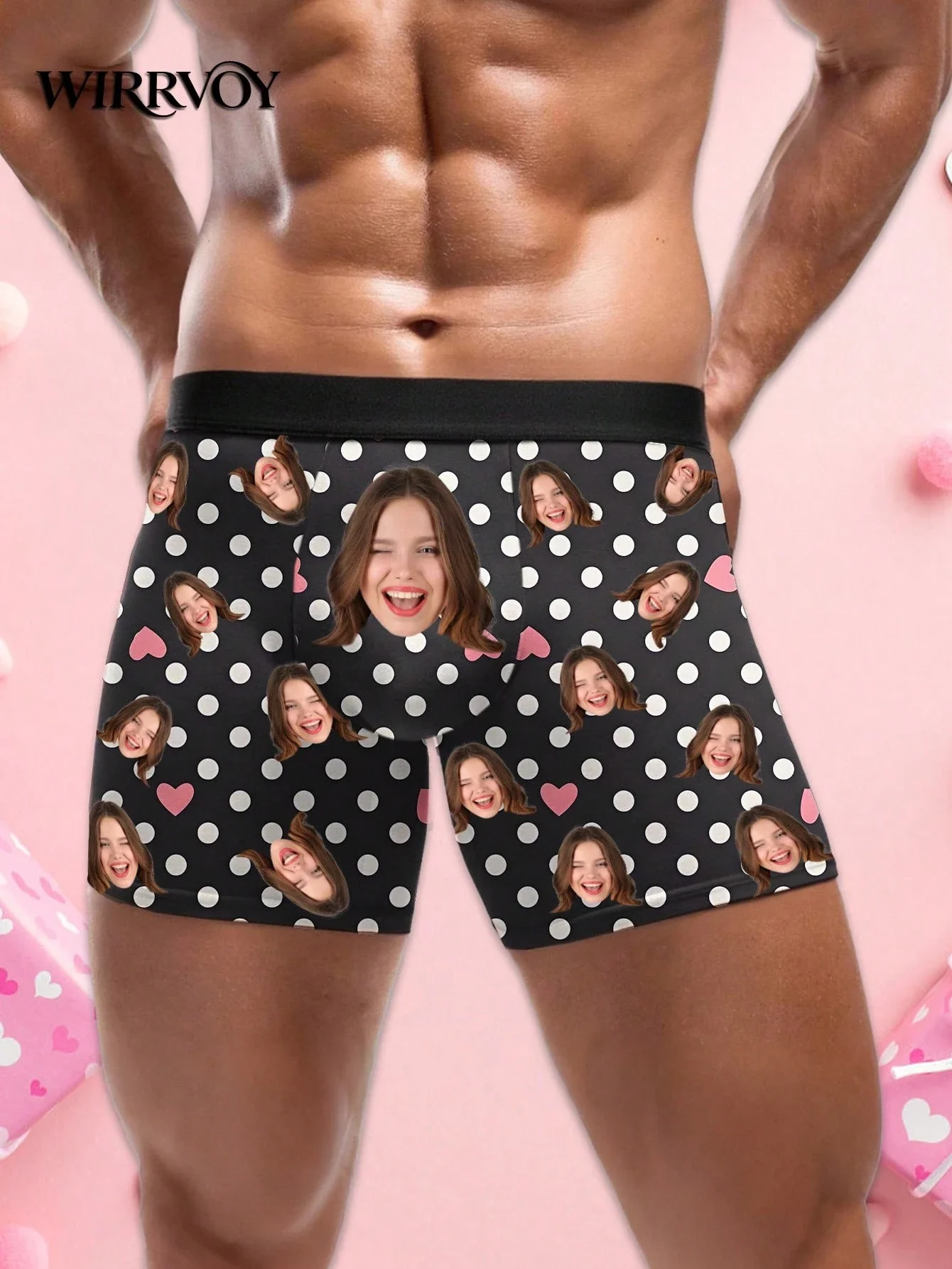 

Custom Mens Briefs Photo Printed Black Polka Dot Pink Heart Underwear Funny Expression Comfortable Valentine Gift