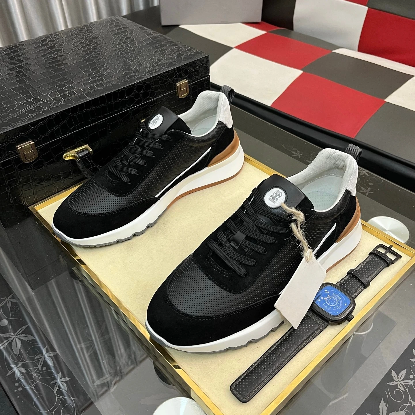 Luxe merk herenschoenen Handgemaakte casual sneakers Jacquard nylon stof met suède wandelschoenen, fietsschoenen, hardloopschoenen, vakantiegeschenken