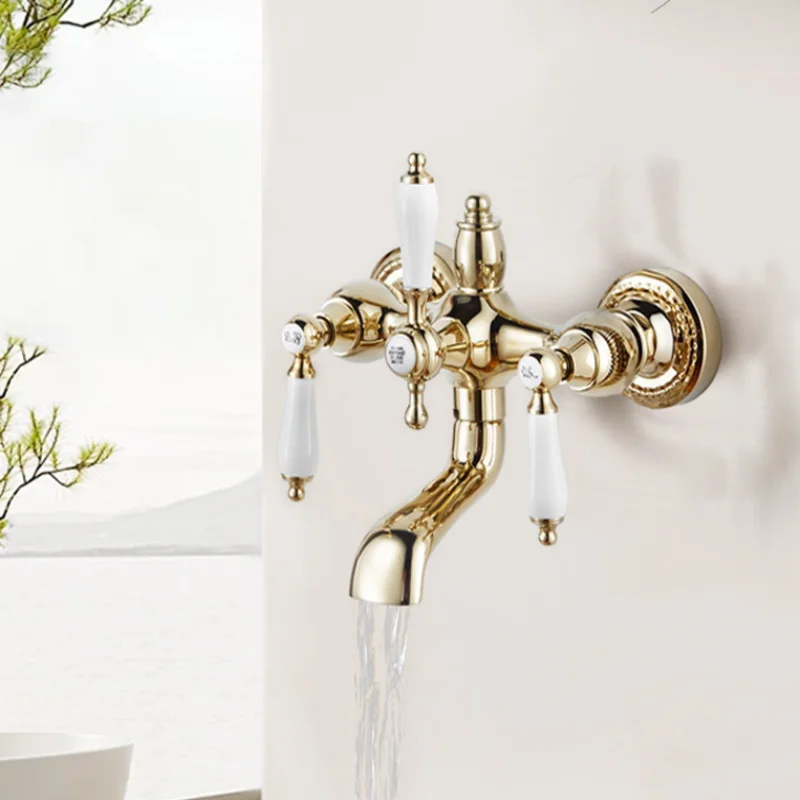 

French Retro Phone Modeling Bathtub Faucet Gold Hot and Cold Bathtub Faucet Copper Wall-Mounted Bathtub Faucet