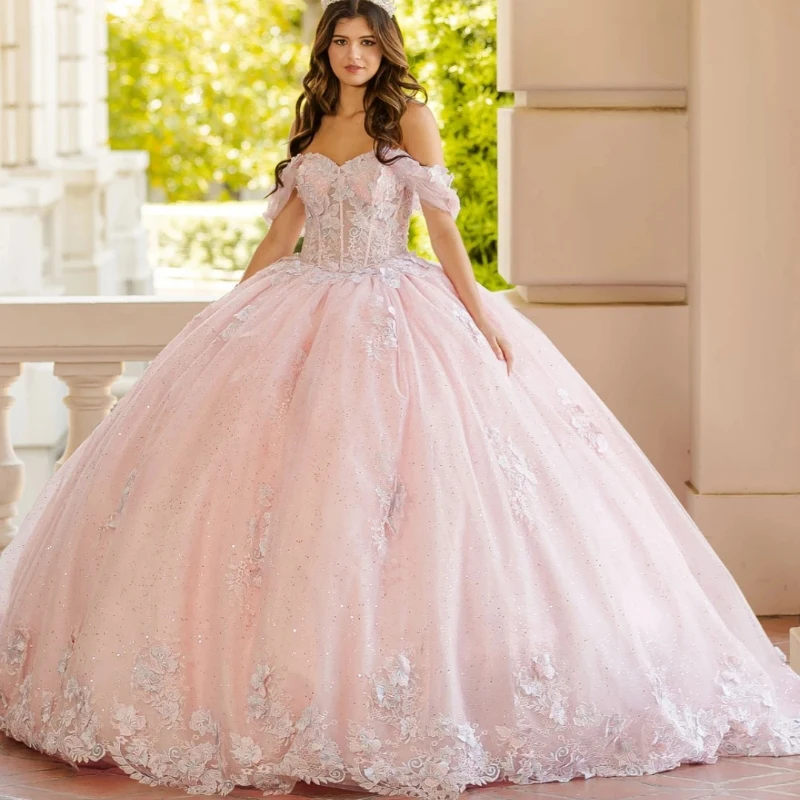 

Mexican Pink Quinceanera Dress Ball Gown Off The Shoulder Floral Lace Applique Beading Tull Corset Sweet 16 Vestidos De 15 Años