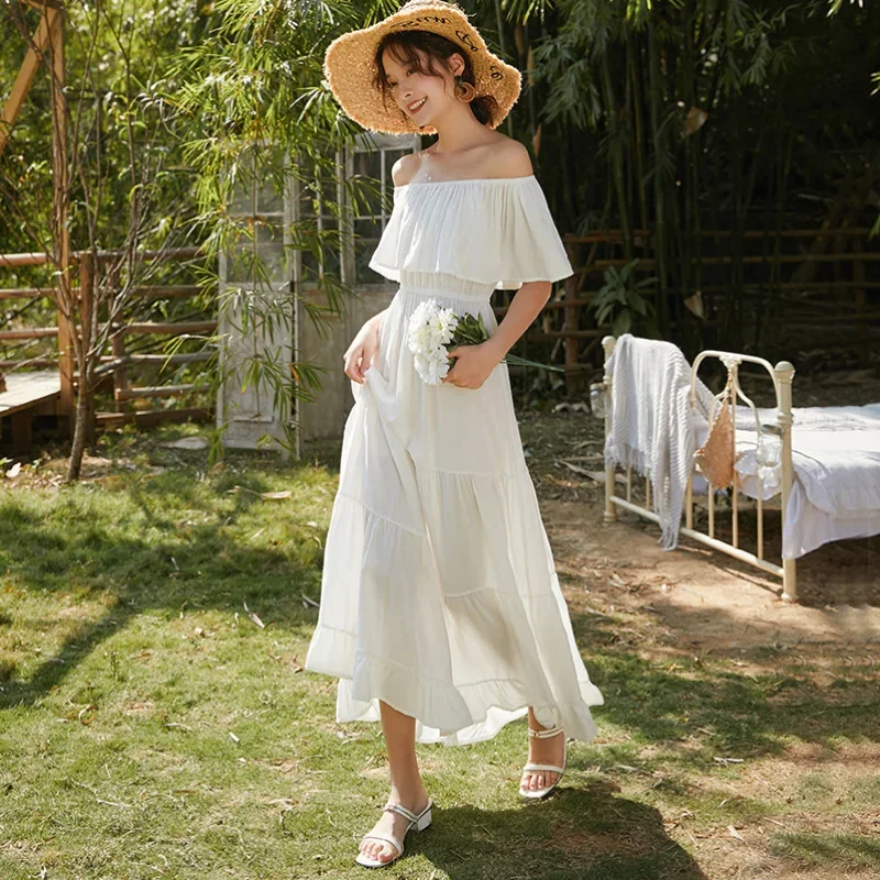 

Women One-shoulder Dress Summer 2024 Bohemian Maxi Dress Tierred Fairycore Island Beach Vacation Women White A-line Long Dress