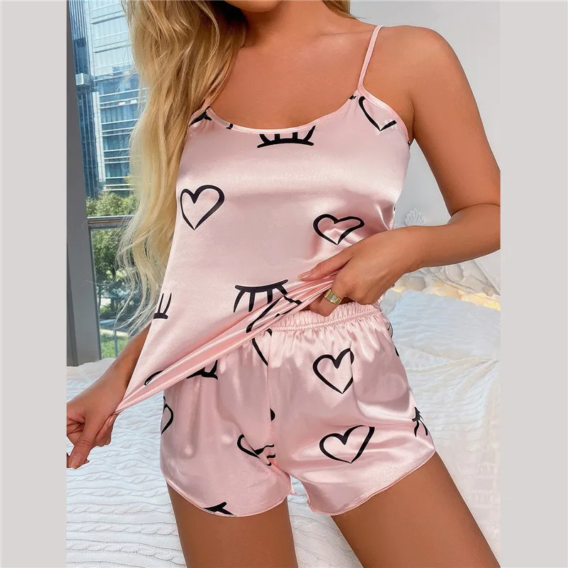 2023 Fashion Sexy Floral Pajama Set Women\'s 2 Pieces Sleepwear Pyjamas New Silk Satin Cami Top and Shorts Pajamas for Women Gift