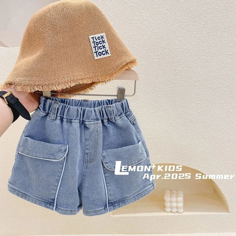 

Girls denim shorts 2025 summer new Korean version children's big pocket big baby jeans