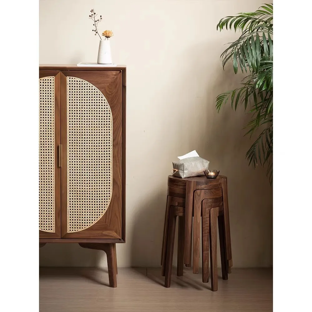 Solid wood windmill stool walnut round stool dressing stool flower stand retro creative stackable dining chair