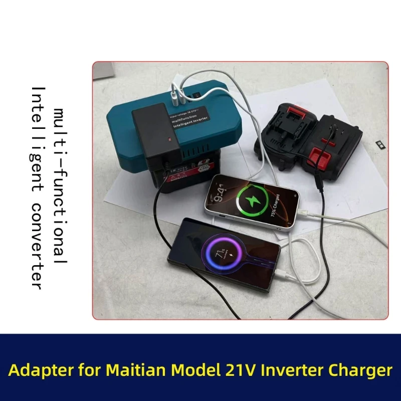 ABS Housing Inverter Unit With 18V-21V Input, 220V Outlet Access and Charging Output Layout for Field Service, Garage Repair and