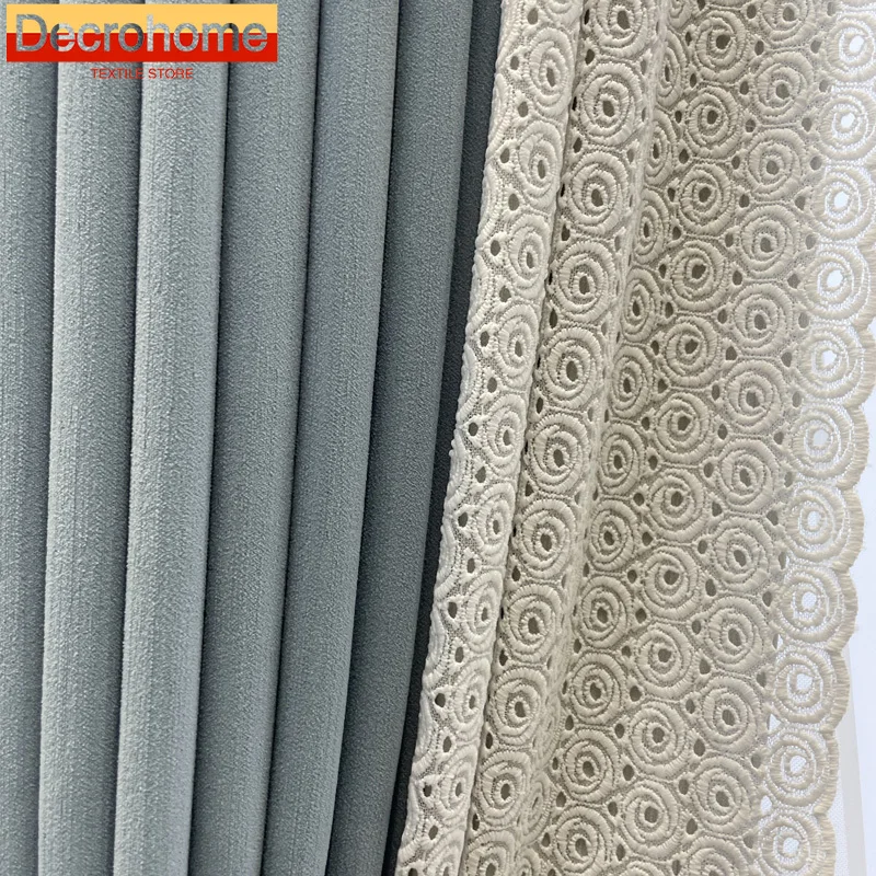 Blue Grey Lace Splicing Thickened Chenille Blackout Curtains for Living Room Bedroom French Window Customized Valance Tule