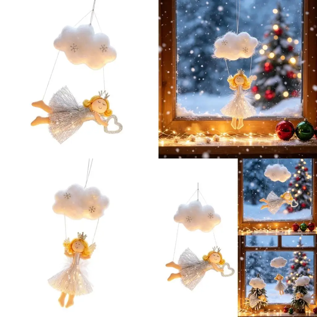 62KD Fabric Angel Christmas Ornament with Cloud Figure, Pendant Loop, and Room Presentation for Wreath or Shelf Use