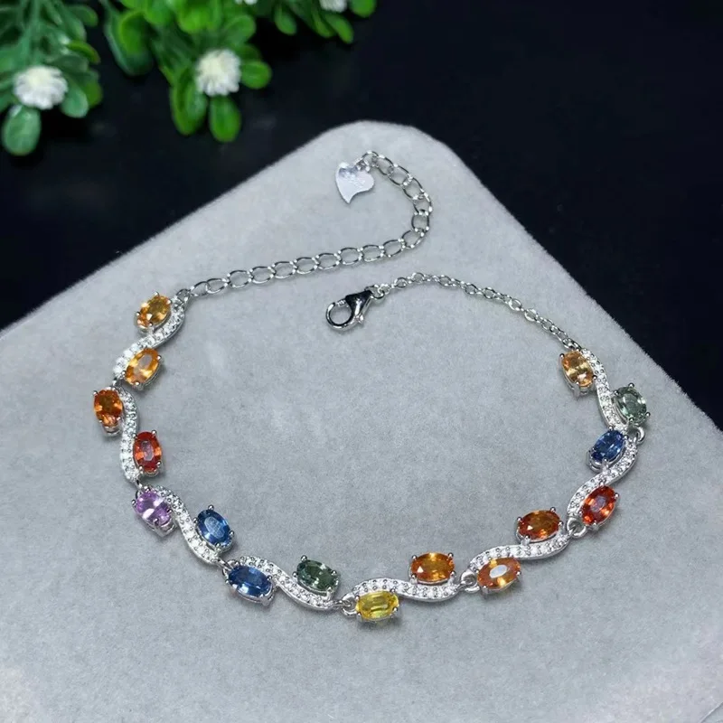 Natural Tourmaline Sterling Silver Bracelet 2 Carats Genuine Multicolor  Elegant Romantic Style S925 Women Engagement