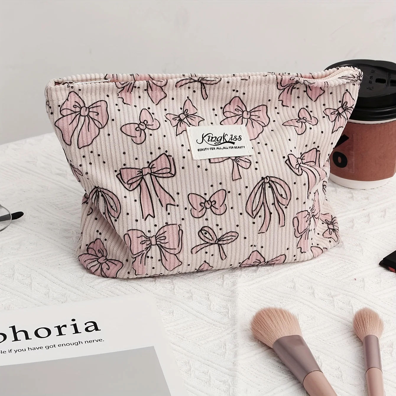 Borsa per il trucco in velluto a coste con motivo a fiocchi, borsa per cosmetici con cerniera leggera organizzatore per articoli da toeletta