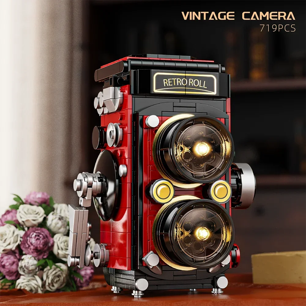 

Retro Camera Building Block Model | Mechanical Gear Rotating DIY Assembly Collection Ornament Study Desktop Decoration