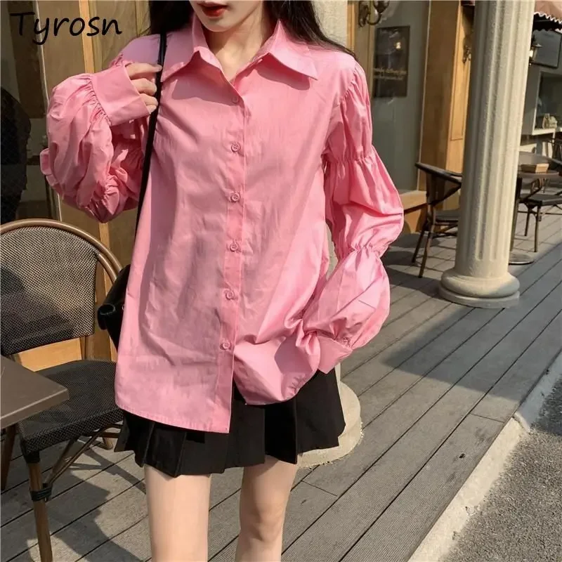 

Long Puff Sleeve Shirts Women Turn-down Collar Single Breasted Blouses Sweet Girls Korean Style Fashion Loose Spring Blusas Chic