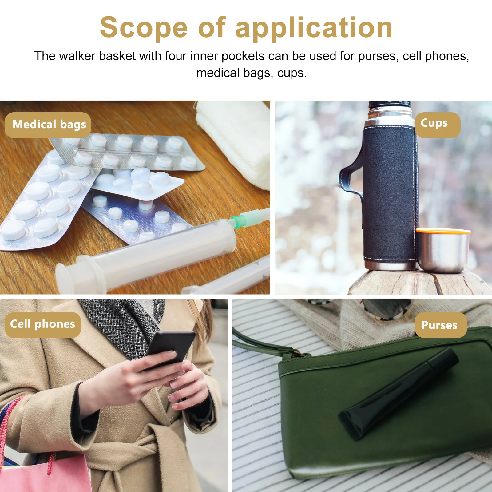 

Hanging Pouch for Wheelchair Black Sturdy Oxford Fabric Water Resistant Extra Large Storage Bag for Mobile Phone Pills