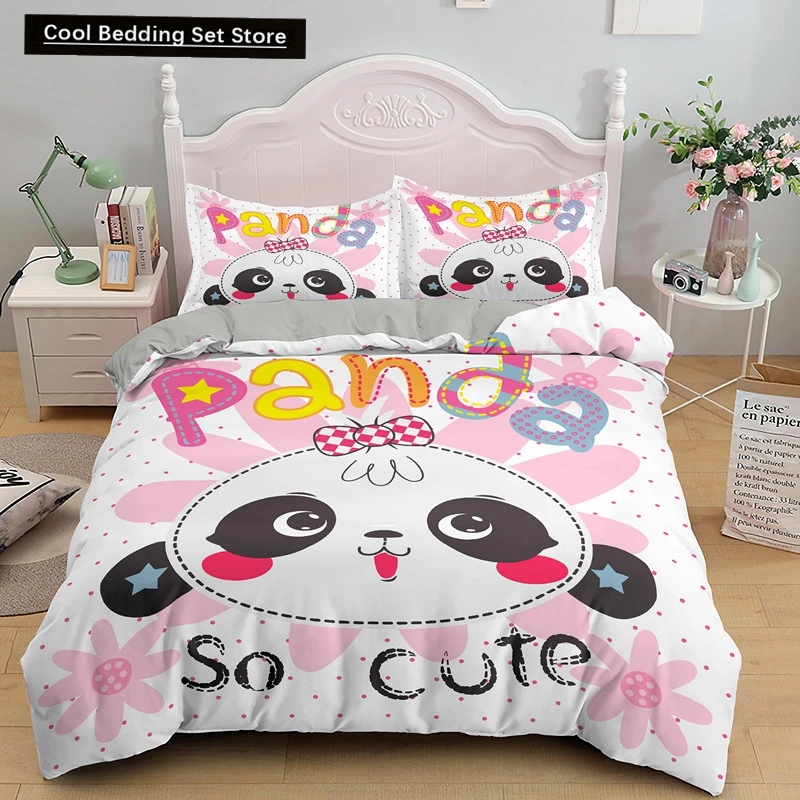 

Pink Cartoon Animal King Queen Duvet Cover Kawaii Panda Pattern Bedding Set for Kids girls Wildlife 2/3pcs polyester Quilt Cover