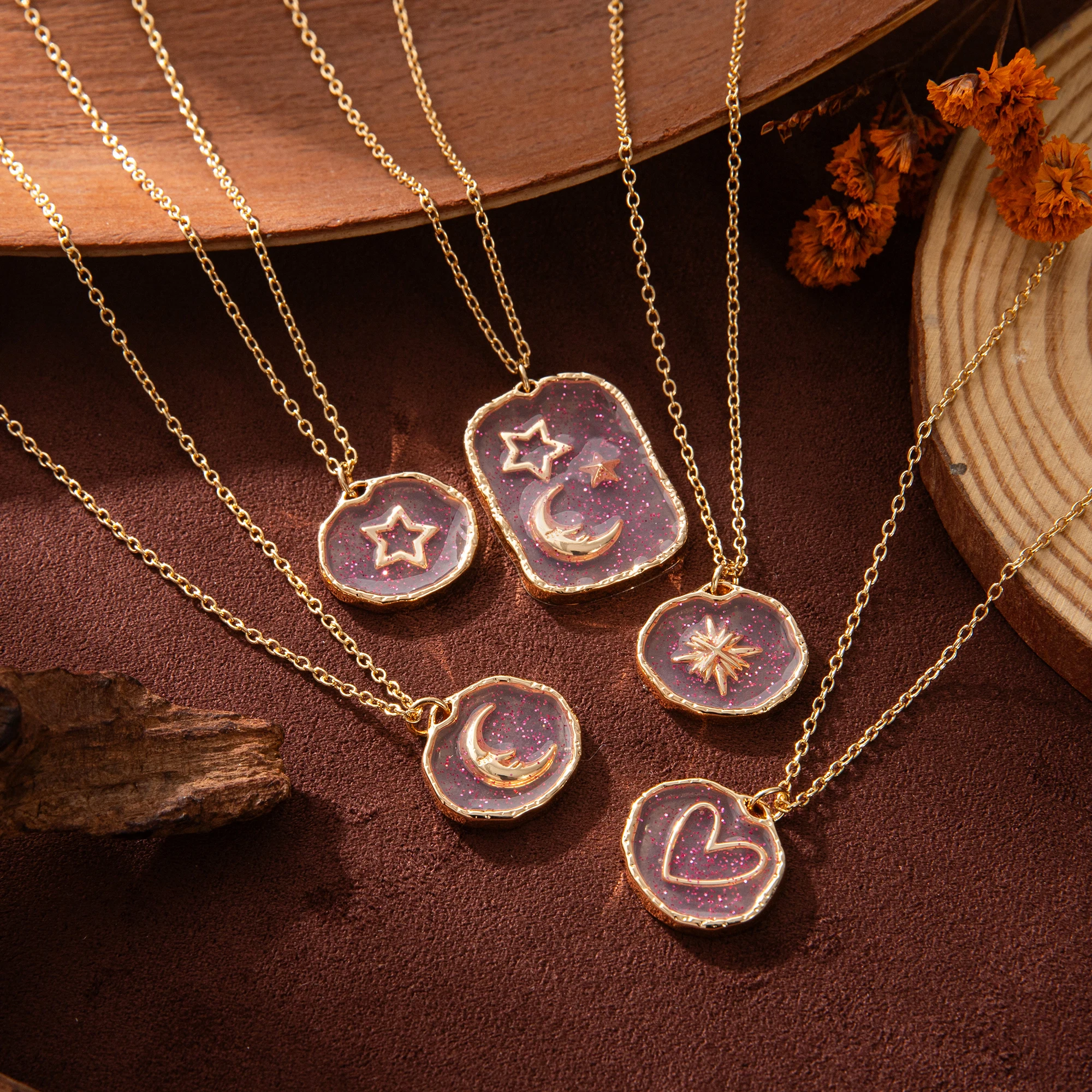 

Popular Simple and Fashionable Glass Printed Transparent Sun Moon Star Love Pendant Women's Necklace