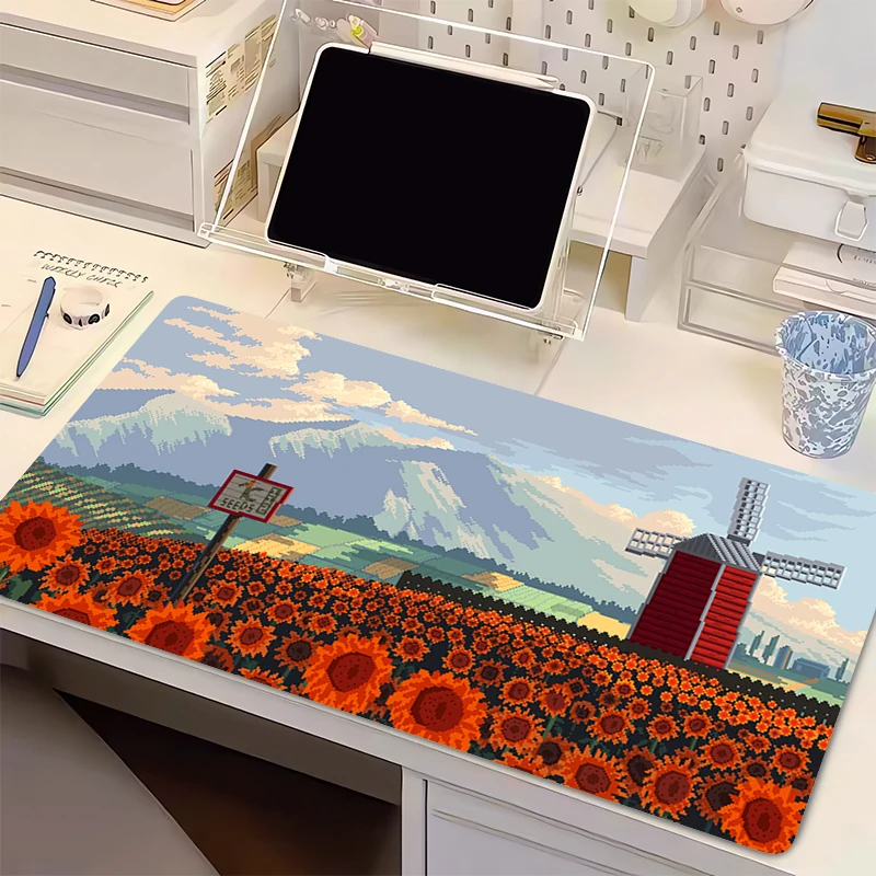 Sunflower Mouse Pad XXL Large Desk Mat Pixel Art Landscape Design Non Slip Rubber Base Stitched Edge for PC Laptop
