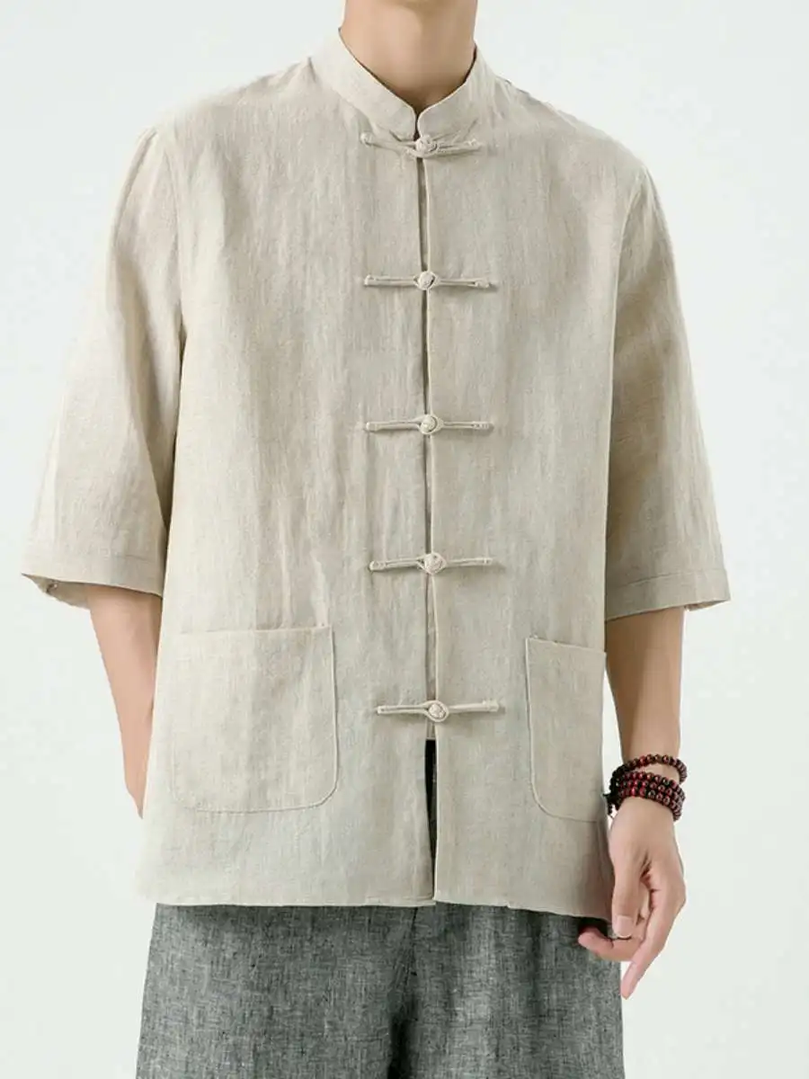 

Men's Cotton Linen ort Sve irt Summer New Chinese Sle irt Wind Tang Hanfu Five Sve Men's Clothing Large Size