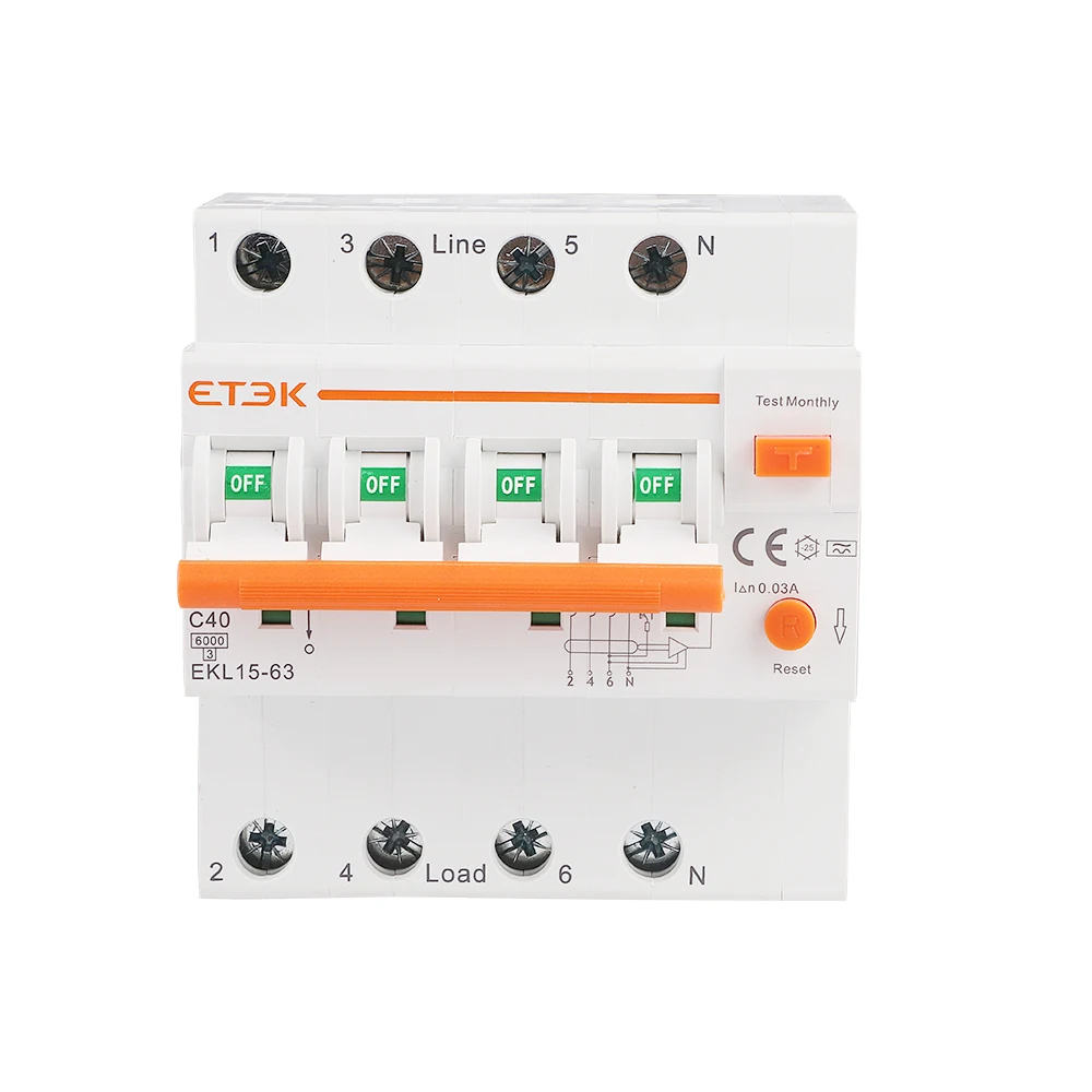 ETEK Low Voltage RCBO 4P(3P+N)  30mA A type RCD Overload Short Current Leakage Protection Protect RCBO RCD 25A 32A 40A 63A EKL15