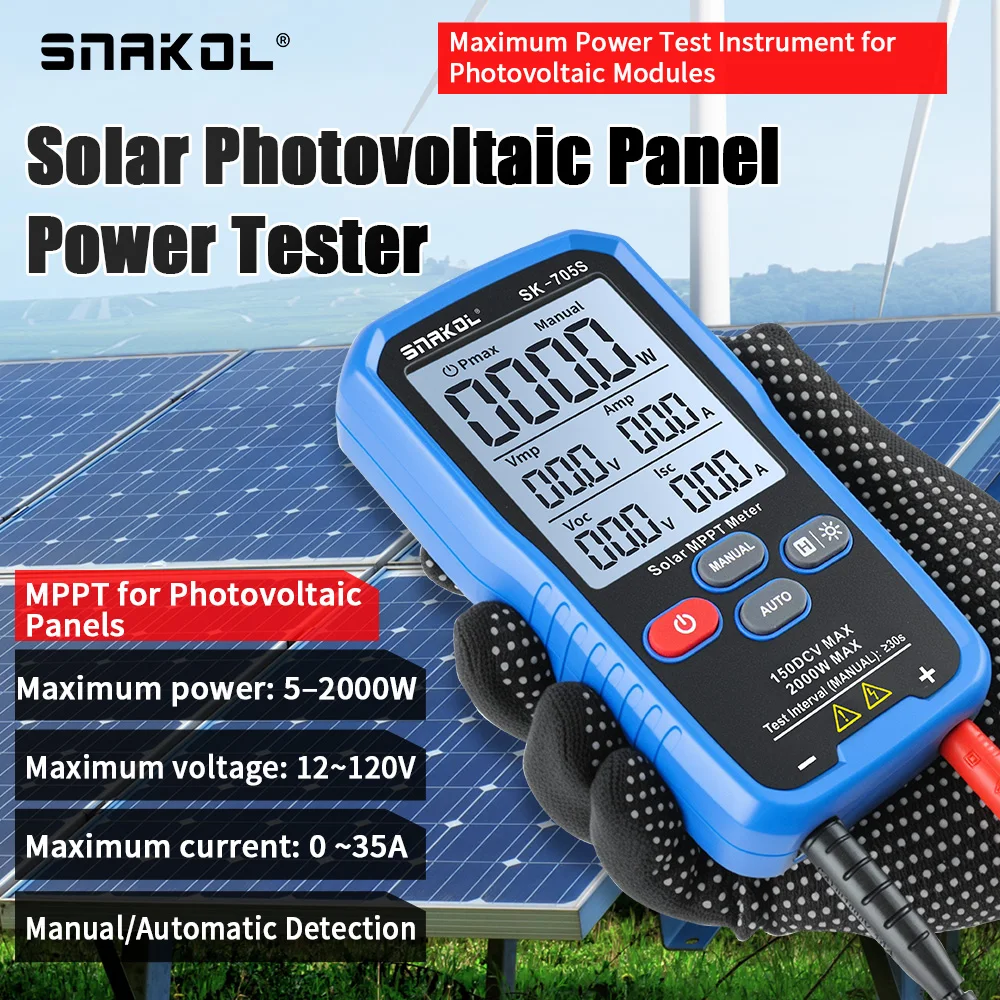 

SNAKOL SK-705S 2000W Solar Panel Tester MPPT Meter Open Circuit Voltage & Short Circuit Current, with Backlight & Data Hold