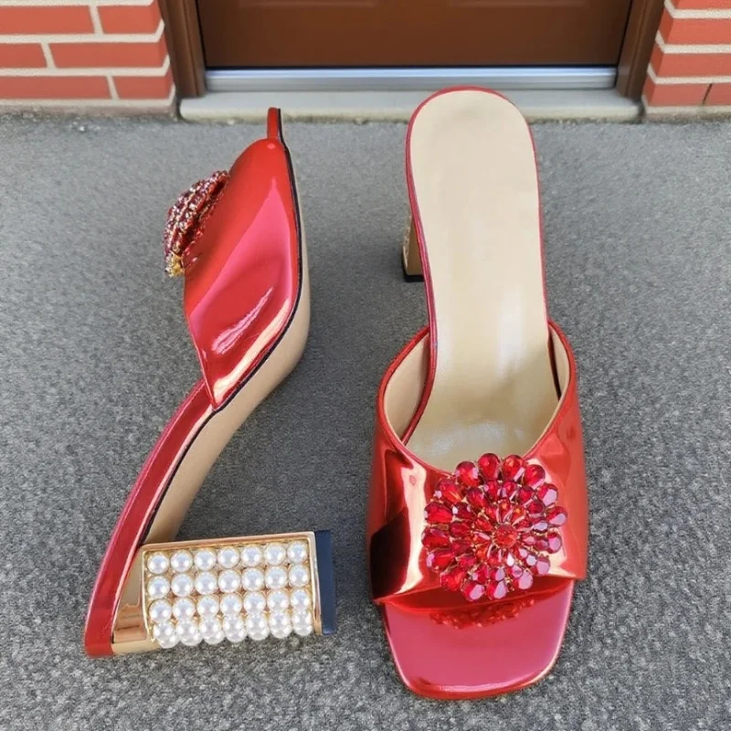

Shiny Crystal Pearl Thick Heel Slippers Green Rhinestone Flower High Heels Slippers Women Luxury Sexy Party Prom Mules Slides