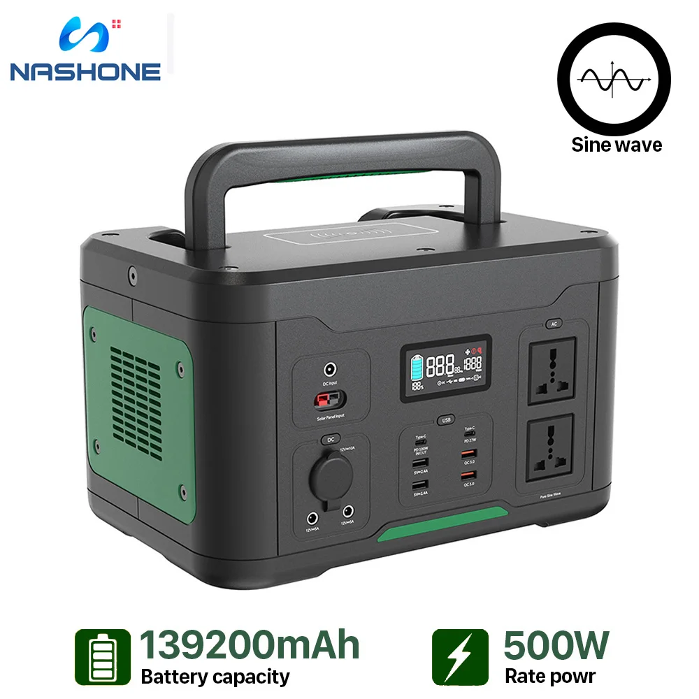 Nashone 500W Portable Power Station Solar Generator 515Wh 110V 220V Solar Power Bank 139200mAh Outdoor Emergency Power Supply