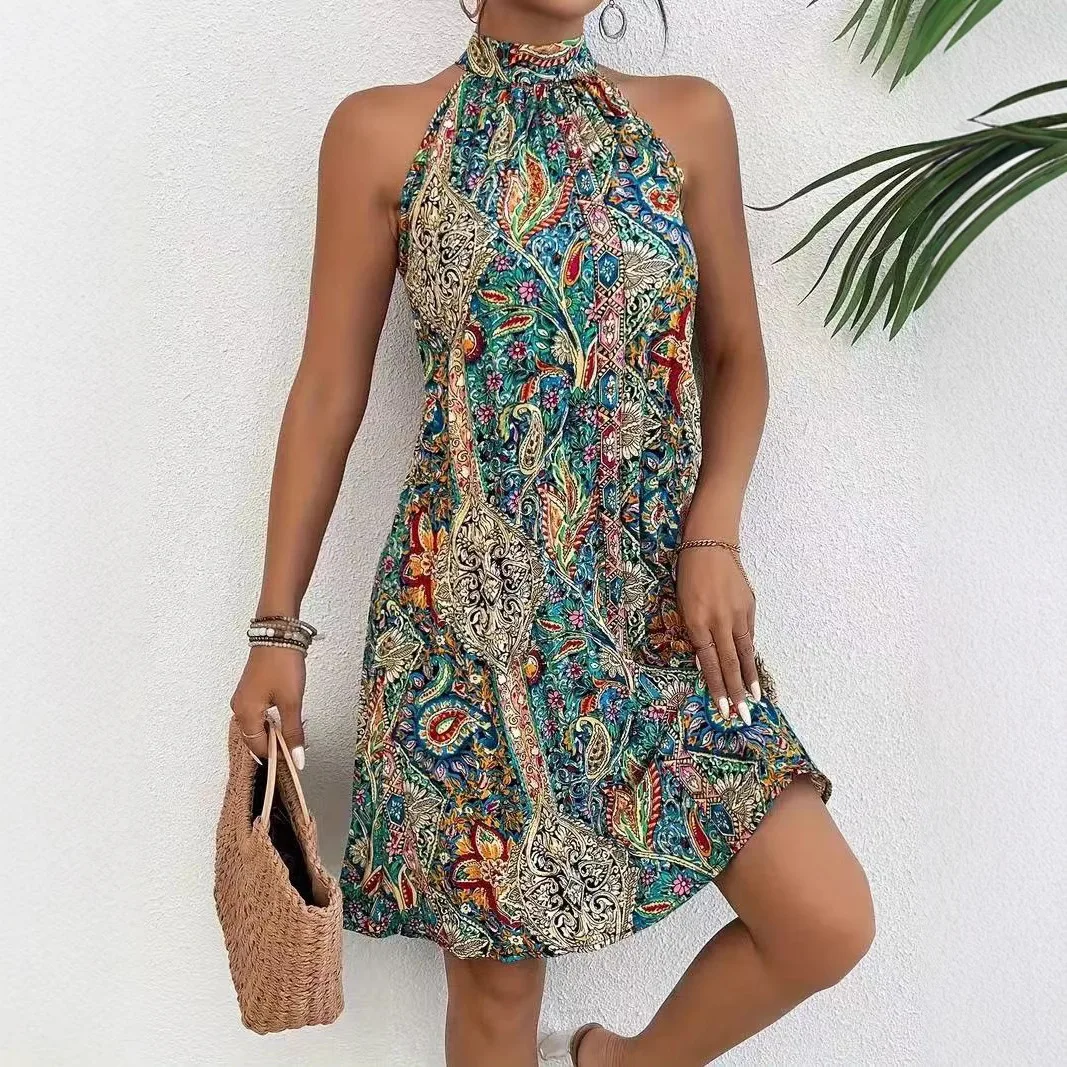 

Casual Bohemian Style Mini Dress Women New Fashion Elegant Vintage Printed Loose Halter Neck Lace-up Off Shoulder Summer Dresses