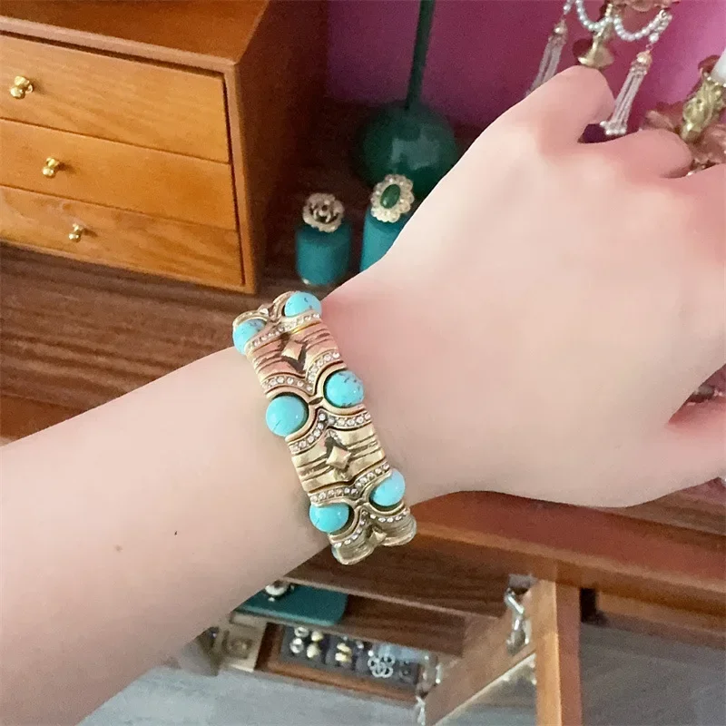 Vintage Blue Natural Stone Inlaid with Rhinestones Bangle Crystal Wide Bracelets Elastic Bamboo Knot Bohemian Handmade Jewelry