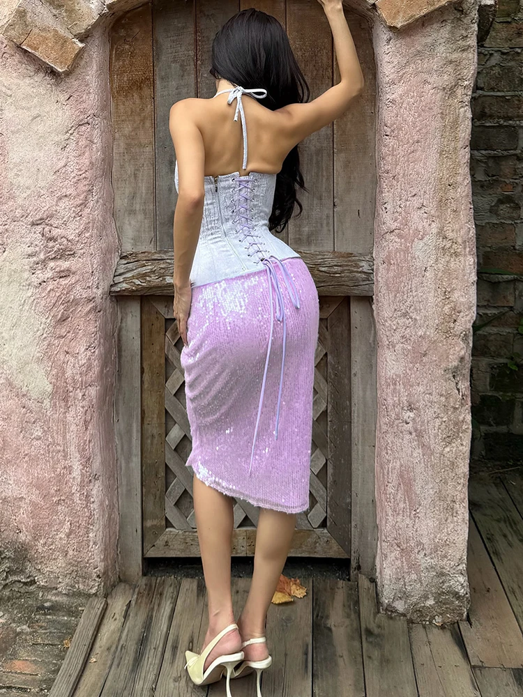JULISSA MO Knitted Sequin Sparkling Bodycon Skirt Women Purple High Waist Midi Skirt Autumn Skinny French Elegant Party Clubwear