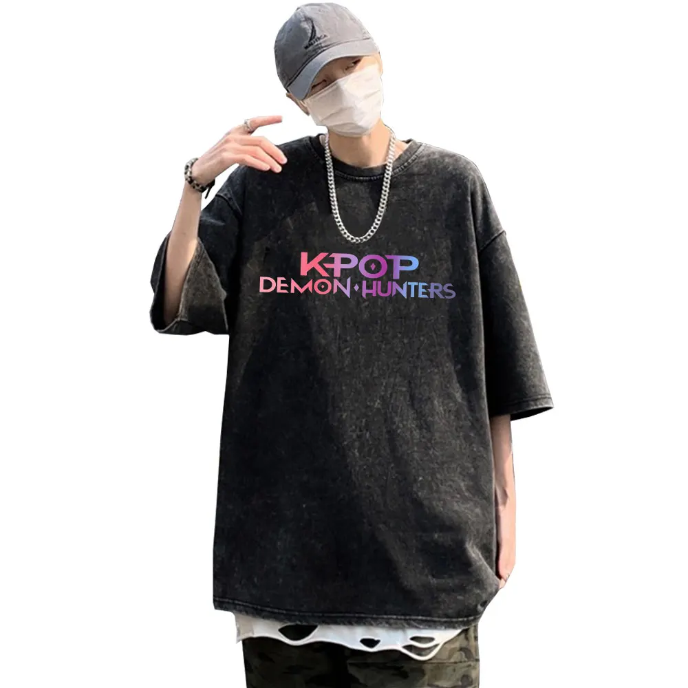 

Vintage Washed Movie KPop Demon Hunters Rumi Mira Zoey Graphic T-shirt Men Women Fashion Casual Cotton Tshirt Cartoon Fans Gift