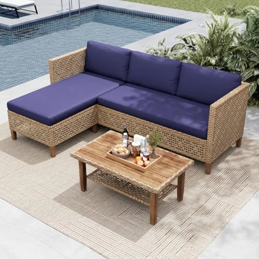 

L Shaped Outdoor Rattan Patio Furniture Set with Acacia Wood Coffee Table Navy Blue 3 Piece Small Backyard Conversation Set Wea