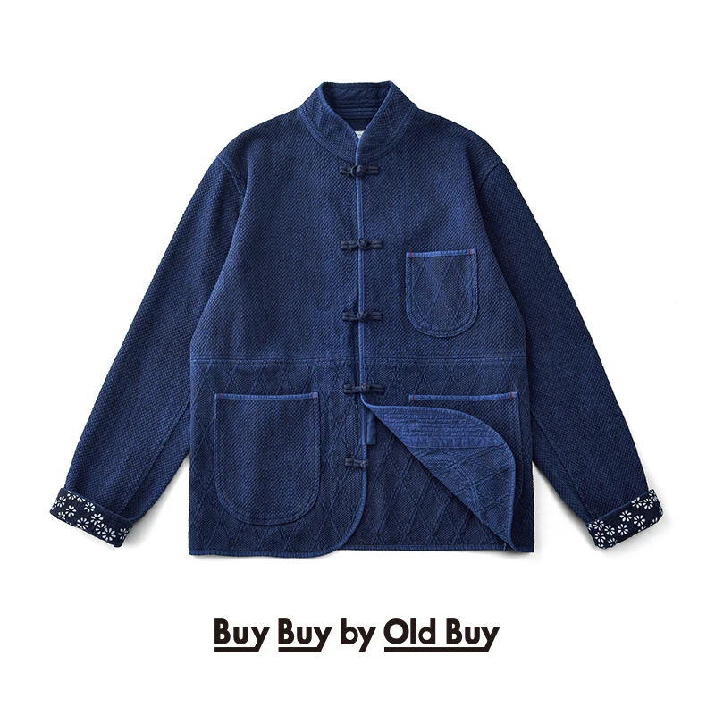 Pflanze Blau Farbstoff Indigo Retro Tang Anzug Jacke Männer Herbst Multi-tasche Langarm Jacke Baumwolle Chinesischen Traditionellen Strickjacke mantel
