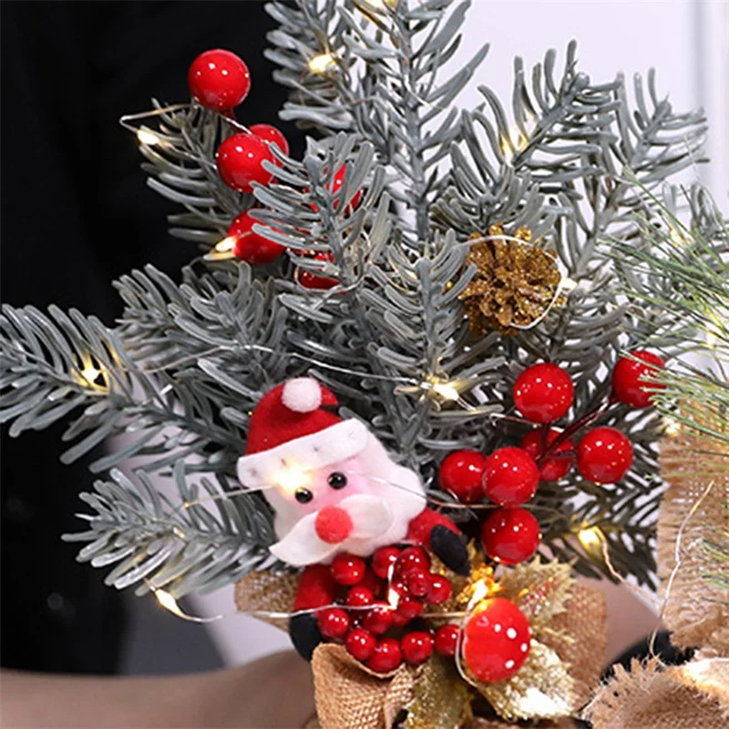 Mini-Weihnachtsbaum mit Sackleinen-Taschensockel, DIY handgefertigte rote Beeren, künstlicher Weihnachtsbaum, Tischdekoration