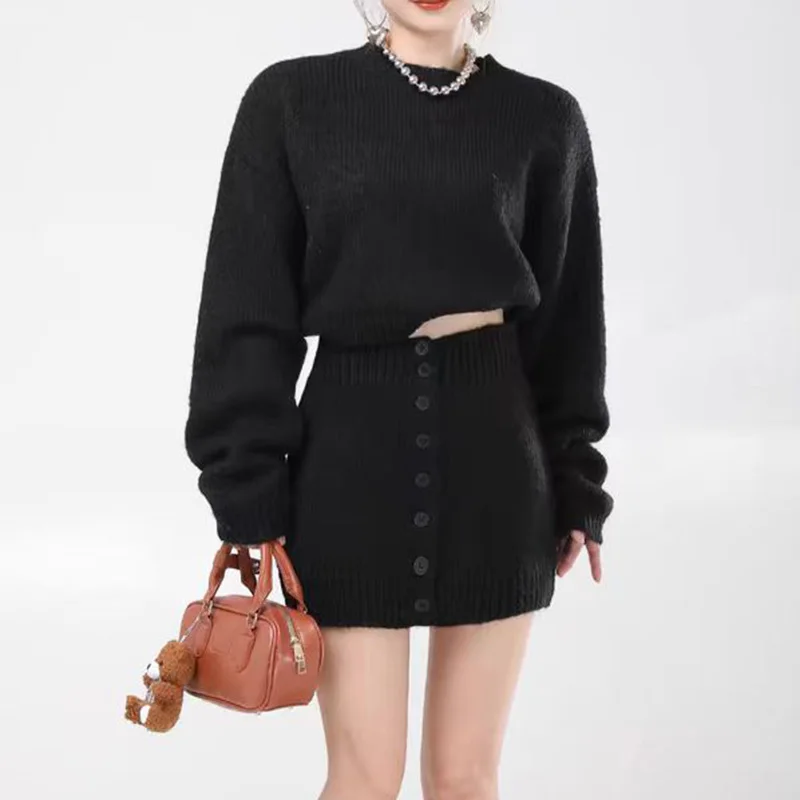 Women Sweater Skirt Suit Fashion Female O-neck Long Sleeve Pullovers+Single Buttons Knitted Bodycon Skirts Casual Sweater Sets