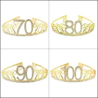 Gold 70 80 90 100 Rhinestone Birthday Tiara Crown Cake Topper for Women 70th 80th 90th 100th Birthday Party Decoration Supplies