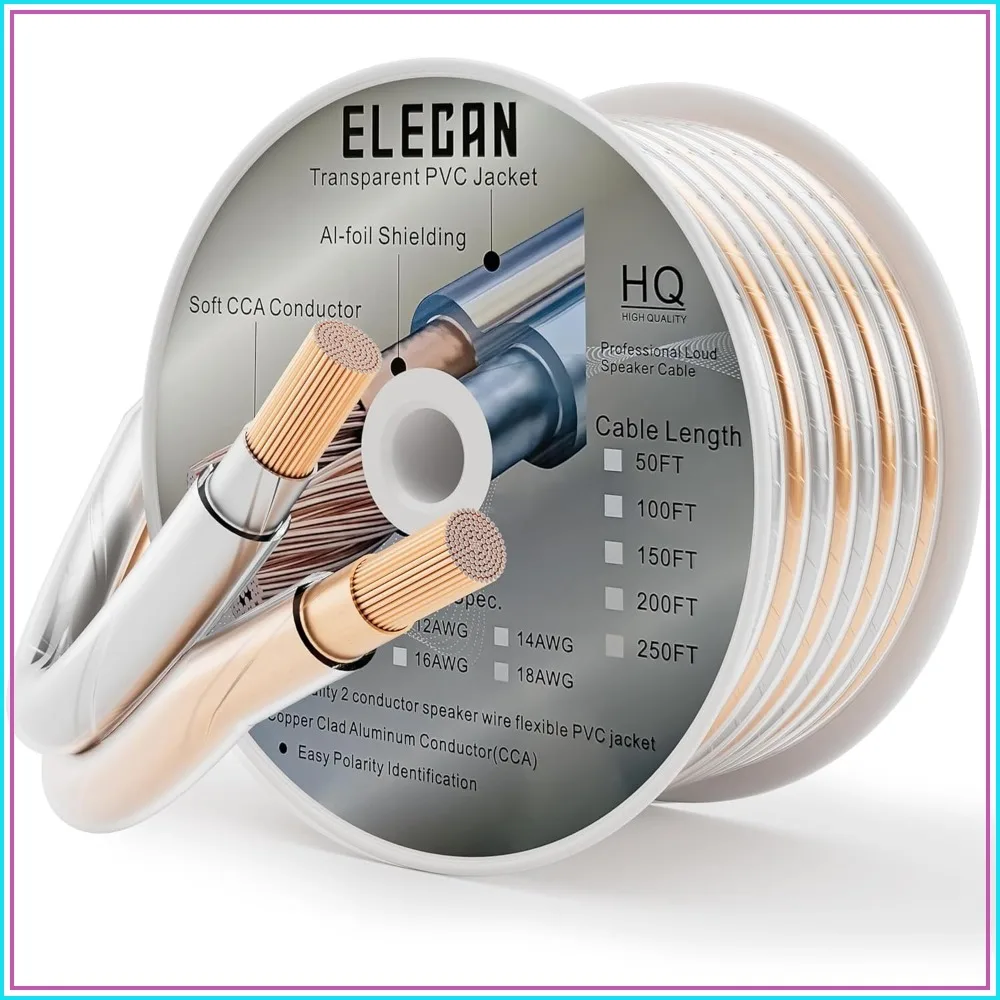 

14/2 Speaker Wire Cable Spool 100 Ft 14 Gauge AWG Transparent Zipper Soft Touch PVC Jacket & Al-Foil Shielding for HiFi Home Theater, Car Audio, Stereos