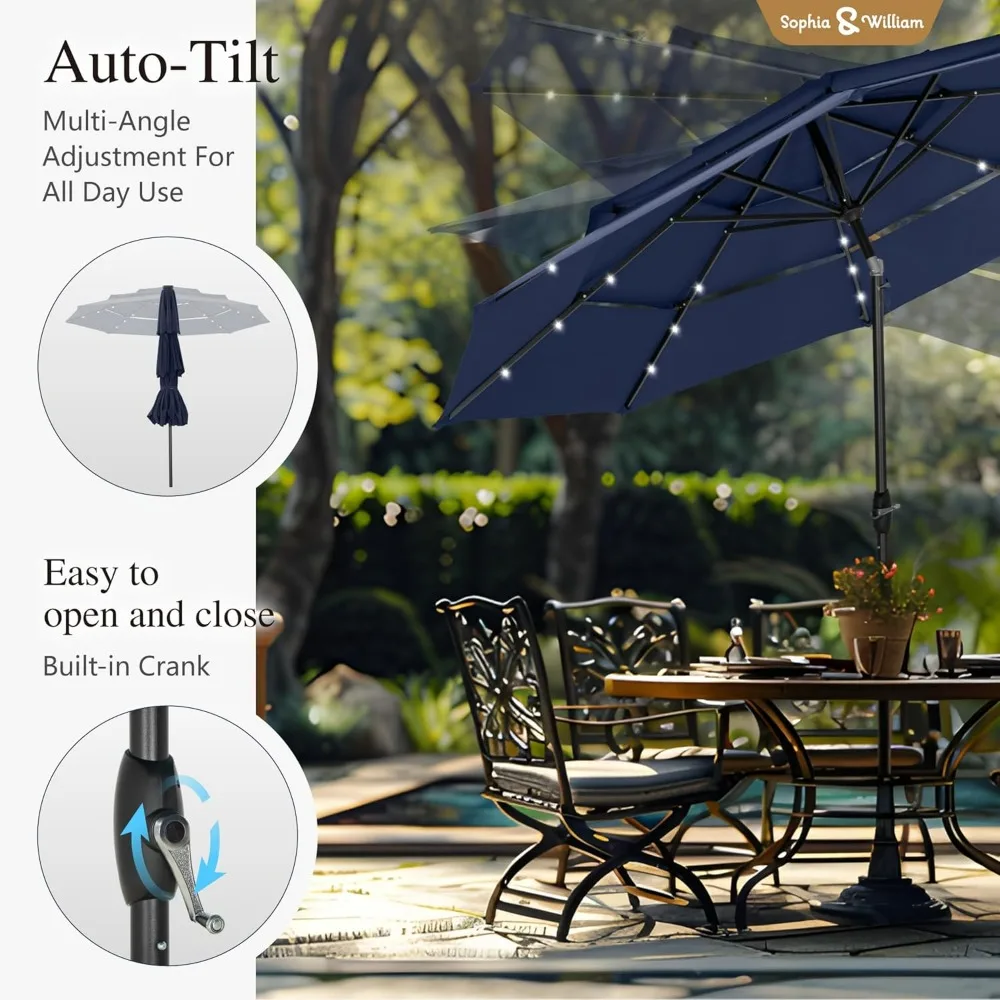 10ft Patio Umbrellas 3Tier Umbrella Outdoor Patio Umbrellas with Lights Vented Top 24 LED lights Adjustable Tilt for Pool Garden